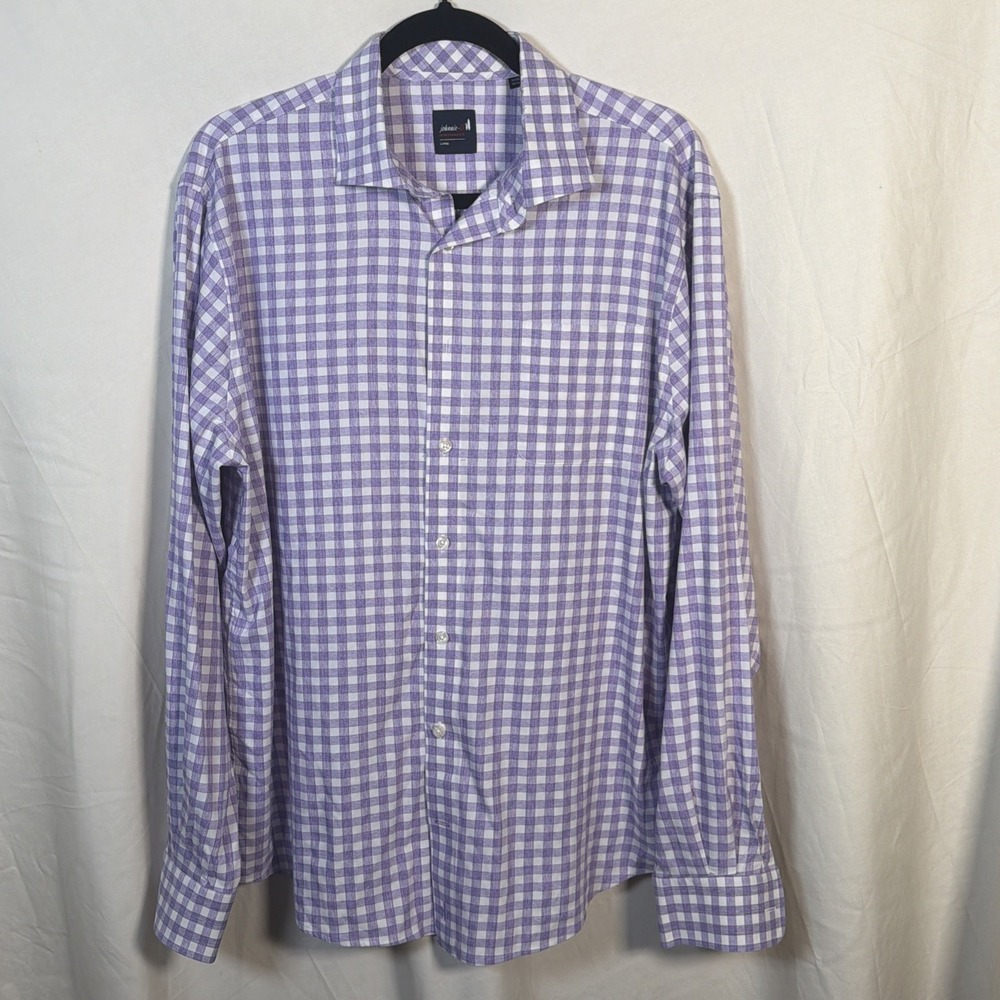 Johnnie-O Performance Button Up Shirt Men's Large Purple Gingham Stretch